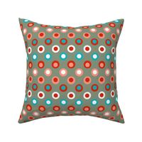 Double Polka Dot Red Peach and Turquoise Blue on Sage Green