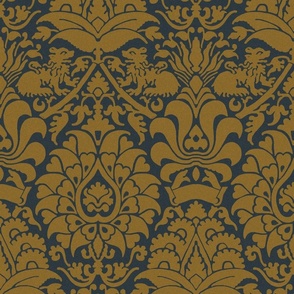 damask with lions, dark amber on cool charcoal grey