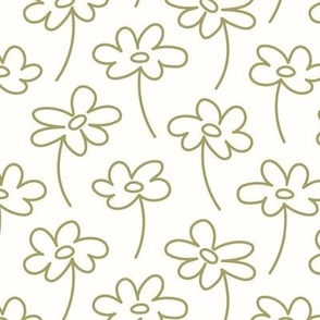 Hand drawn flower fields - white and olive