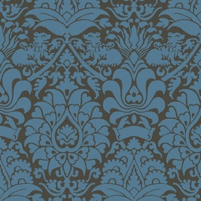 damask with lions, teal on charcoal grey 12W
