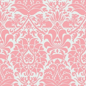 damask with lions, rose pink on iced mint (green-tinted white) 12W