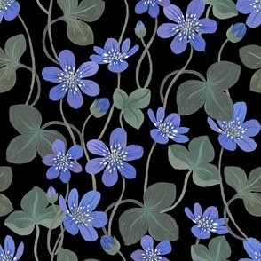 Gouache blue anemone floral black