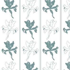 Oriental Iris Panels - soft teal toile on white, medium