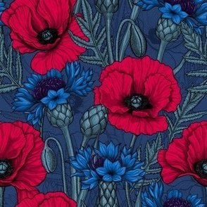 Red poppies and blue cornflowers on blue, small size