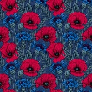 Red poppies and blue cornflowers on blue, tiny size