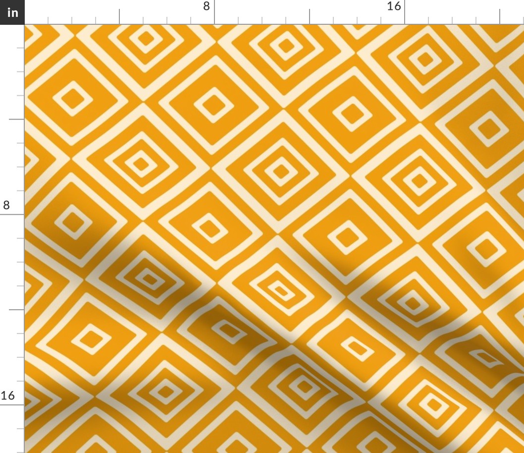 Retro orange and cream abstract geometry, vibrant vintage marigold rhombs, M