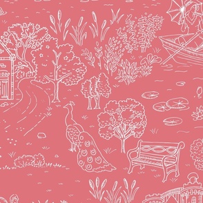 peacock island toile white and watermelon | large