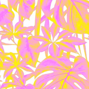 Pink and yellow jungle, colorful tropical palm leaves