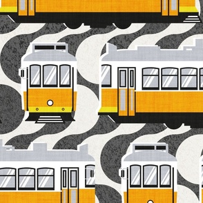 Large jumbo scale // Lisbon trams // Portuguese Rossio cobblestone inspiration background lemon lime and marigold transport