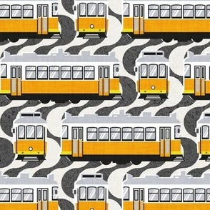 Small scale // Lisbon trams // Portuguese Rossio cobblestone inspiration background lemon lime and marigold transport