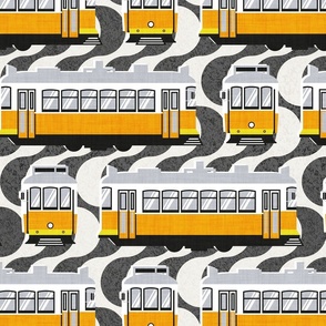 Normal scale // Lisbon trams // Portuguese Rossio cobblestone inspiration background lemon lime and marigold transport