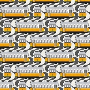 Tiny scale // Lisbon trams // Portuguese Rossio cobblestone inspiration background lemon lime and marigold transport
