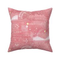 Aztec Vista in Watermelon | Mountains in flamingo pink, white and gold, Aztec patterns, celestial, night sky with planets, moon and stars, geometric, Aztec block print.