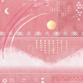 Aztec Vista in Watermelon (large scale) | Mountains in flamingo pink, white and gold, Aztec patterns, celestial, night sky with planets, moon and stars, geometric, Aztec block print.