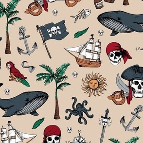 The Vintage Ahoy series - Wild pirates adventures sailing the seven seas with rum sword palm trees skulls and sunshine freehand charcoal drawing green red gray on sand