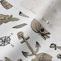 The Vintage Ahoy series - Wild pirates skulls and treasure island vibes with parrots swords and treasure chest kraken beige on white