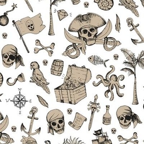 The Vintage Ahoy series - Wild pirates skulls and treasure island vibes with parrots swords and treasure chest kraken beige on white