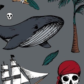 The Vintage Ahoy series - Wild pirates adventures sailing the seven seas with rum sword palm trees skulls and sunshine freehand charcoal drawing eclectic blue red yellow on charcoal gray JUMBO wallpaper