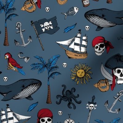 The Vintage Ahoy series - Wild pirates adventures sailing the seven seas with rum sword palm trees skulls and sunshine freehand charcoal drawing eclectic blue red yellow on moody blue 