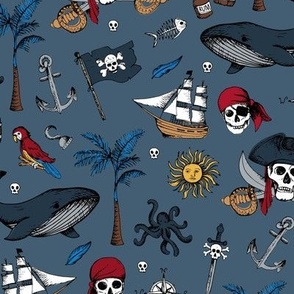The Vintage Ahoy series - Wild pirates adventures sailing the seven seas with rum sword palm trees skulls and sunshine freehand charcoal drawing eclectic blue red yellow on moody blue 