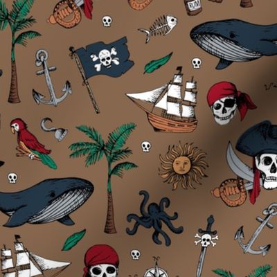 The Vintage Ahoy series - Wild pirates adventures sailing the seven seas with rum sword palm trees skulls and sunshine freehand charcoal drawing navy blue green red on coffee brown