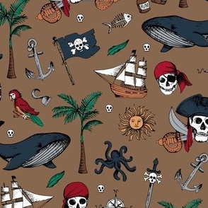 The Vintage Ahoy series - Wild pirates adventures sailing the seven seas with rum sword palm trees skulls and sunshine freehand charcoal drawing navy blue green red on coffee brown