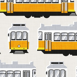 Large jumbo scale // Lisbon trams // beige background lemon lime and marigold transport