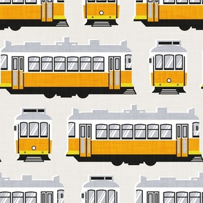 Normal scale  // Lisbon trams // beige background lemon lime and marigold transport