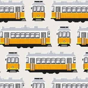 Small scale // Lisbon trams // beige background lemon lime and marigold transport