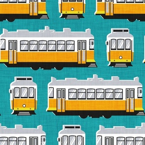 Normal scale // Lisbon trams // peacock blue background lemon lime and marigold transport