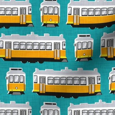 Small  scale // Lisbon trams // peacock blue background lemon lime and marigold transport