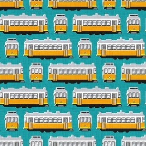 Tiny  scale // Lisbon trams // peacock blue background lemon lime and marigold transport
