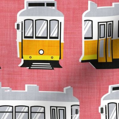 Normal scale // Lisbon trams // watermelon pink background lemon lime and marigold transport