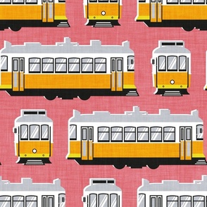 Normal scale // Lisbon trams // watermelon pink background lemon lime and marigold transport