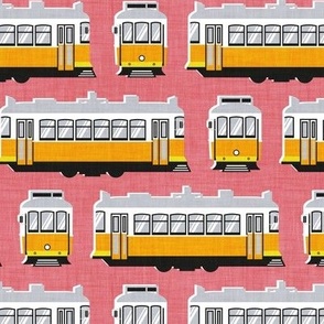 Small scale // Lisbon trams // watermelon pink background lemon lime and marigold transport