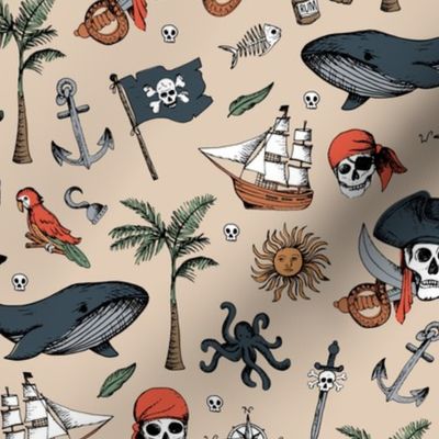 The Vintage Ahoy series - Wild pirates adventures sailing the seven seas with rum sword palm trees skulls and sunshine freehand charcoal drawing blue sage green orange on beige sand 