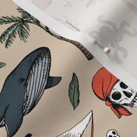 The Vintage Ahoy series - Wild pirates adventures sailing the seven seas with rum sword palm trees skulls and sunshine freehand charcoal drawing blue sage green orange on beige sand 