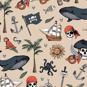 The Vintage Ahoy series - Wild pirates adventures sailing the seven seas with rum sword palm trees skulls and sunshine freehand charcoal drawing blue sage green orange on beige sand 