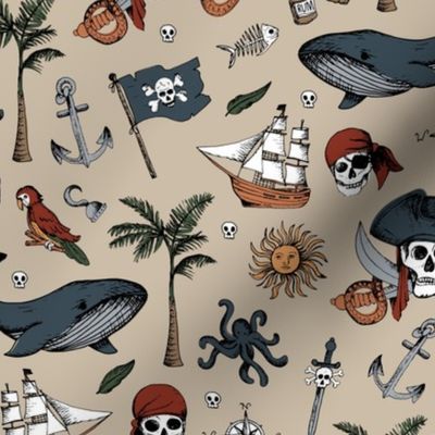 The Vintage Ahoy series - Wild pirates adventures sailing the seven seas with rum sword palm trees skulls and sunshine freehand charcoal drawing blue red green on beige