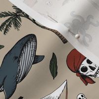 The Vintage Ahoy series - Wild pirates adventures sailing the seven seas with rum sword palm trees skulls and sunshine freehand charcoal drawing blue red green on beige