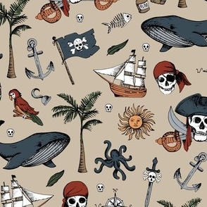 The Vintage Ahoy series - Wild pirates adventures sailing the seven seas with rum sword palm trees skulls and sunshine freehand charcoal drawing blue red green on beige