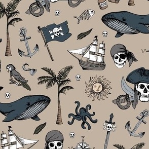 The Vintage Ahoy series - Wild pirates adventures sailing the seven seas with rum sword palm trees skulls and sunshine freehand charcoal drawing neutral beige gray brown boys 