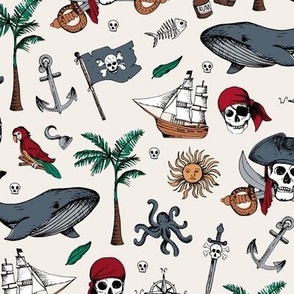 The Vintage Ahoy series - Wild pirates adventures sailing the seven seas with rum sword palm trees skulls and sunshine freehand charcoal drawing red green on ivory 