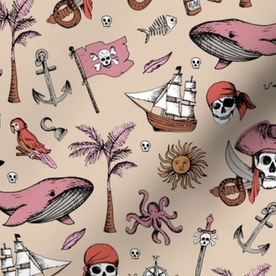 The Vintage Ahoy series - Wild pirates adventures sailing the seven seas with rum sword palm trees skulls and sunshine pink orange on sand girls