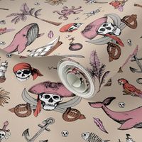 The Vintage Ahoy series - Wild pirates adventures sailing the seven seas with rum sword palm trees skulls and sunshine pink orange on sand girls