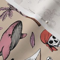 The Vintage Ahoy series - Wild pirates adventures sailing the seven seas with rum sword palm trees skulls and sunshine pink orange on sand girls