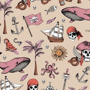 The Vintage Ahoy series - Wild pirates adventures sailing the seven seas with rum sword palm trees skulls and sunshine pink orange on sand girls