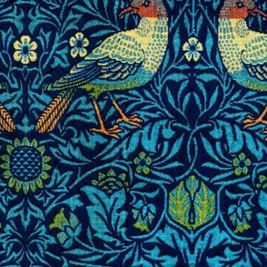 William Morris Birds with florals and leaves  on navy background