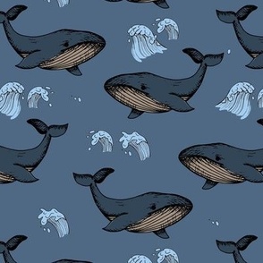 The Vintage series - Whales and waves wild winter ocean freehand sea life illustrations pirate adventures beige navy on midnight blue boys