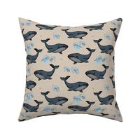 The Vintage series - Whales and waves wild ocean freehand sea life illustrations pirate adventures baby blue on beige sand boys  